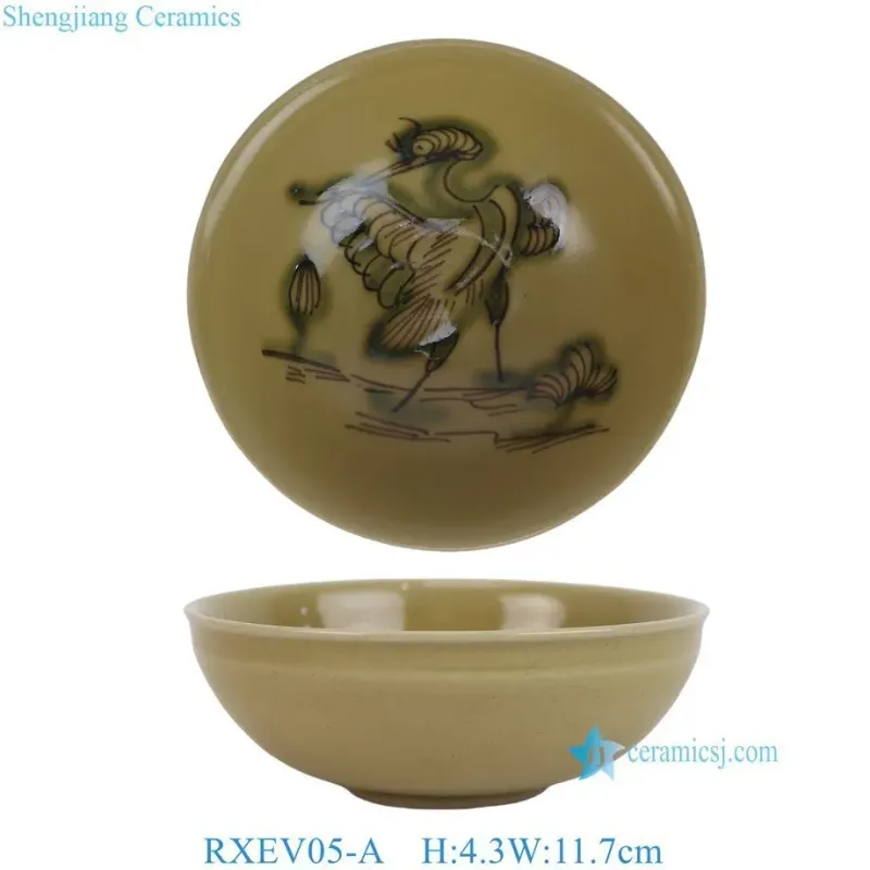 4 Inch China Ancient Yellow Glaze Flower and Bird Pattern Ceramic Bowl