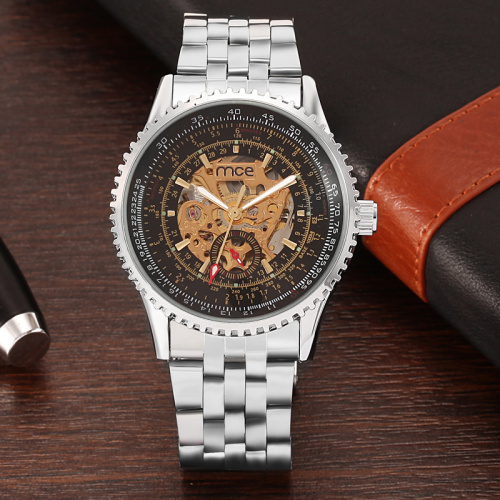 Mens steel skeleton mechanical watch famous clock