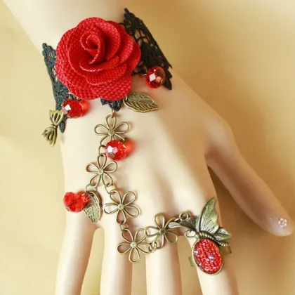 Retro Red Rose Lace Bracelet With Ring Vampire Sexy Jewelry
