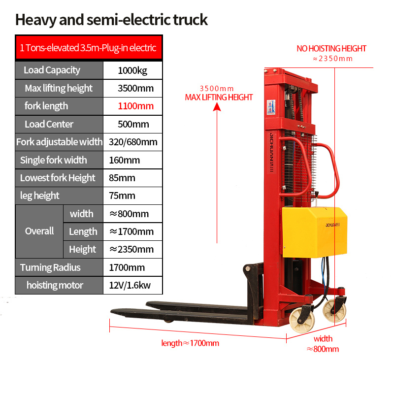 1 Ton Semi Electric Pallet Stacker with 3m Lifting Height
