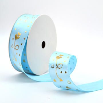 Custom Logo 100% Polyester Satin Ribbon with 3D Gold Foil Printing for Packaging