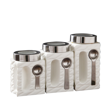 Custom Airtight Coffee Tea Sugar Canister Sets with Spoons - Hot Selling Embossed Square White Containers