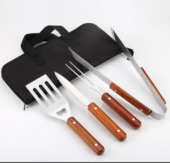4-Piece BBQ Grill Set with Wood Handles Essential Tools for Grilling