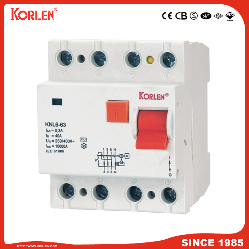 Residual Current Circuit Breaker KNL6-63 10KA CE 4P