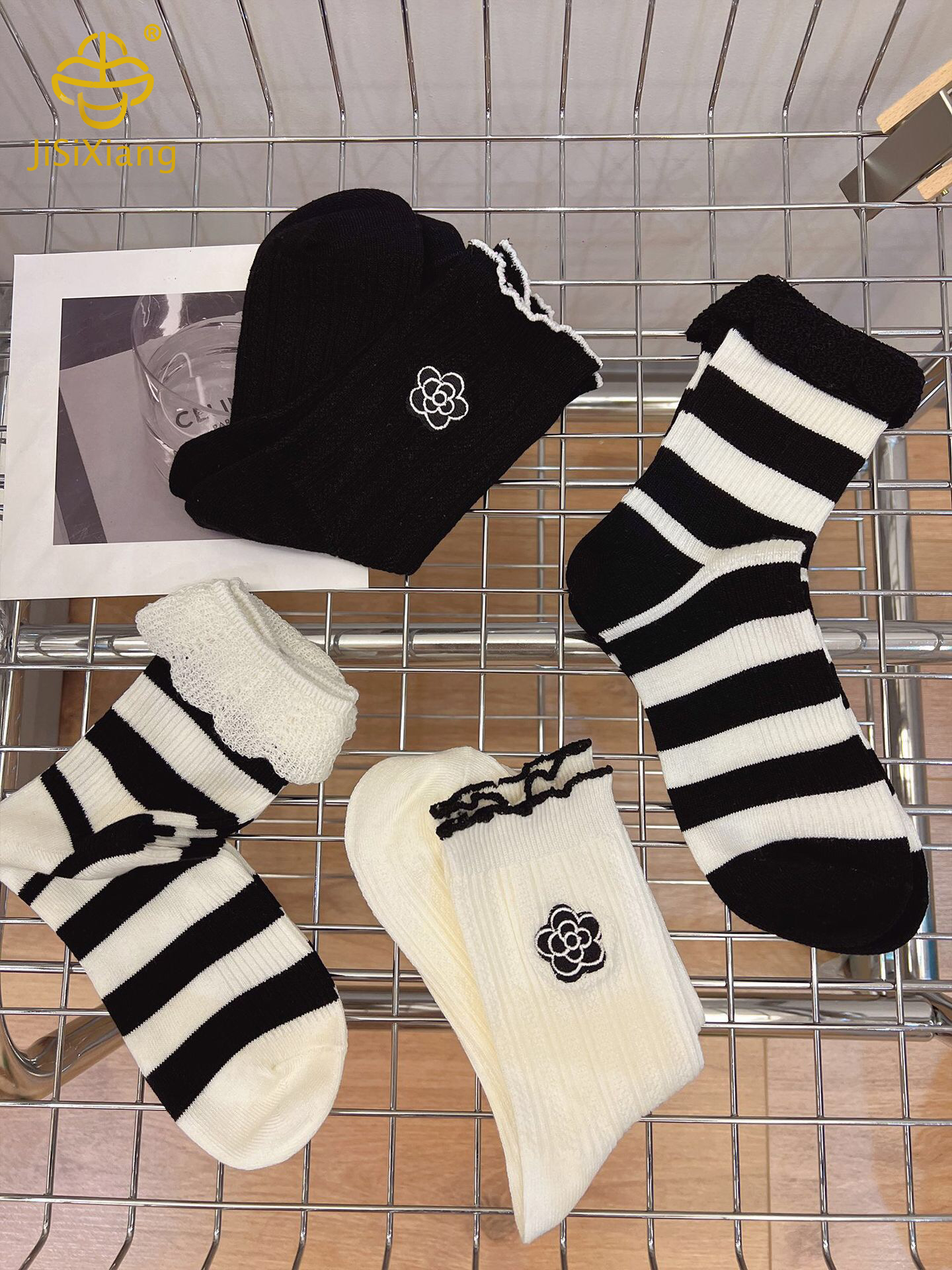 Korean black and white striped camellia flower tube socks embroidered lace