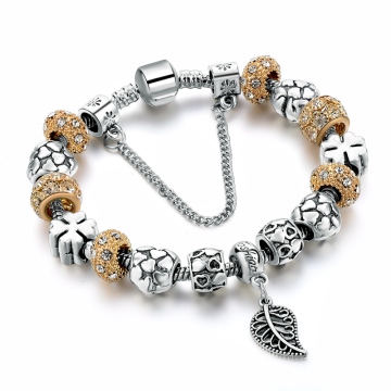 Brave Light Longway Silver Plated Crystal Charm Handmade Bead Bracelet with Leaf Pendant