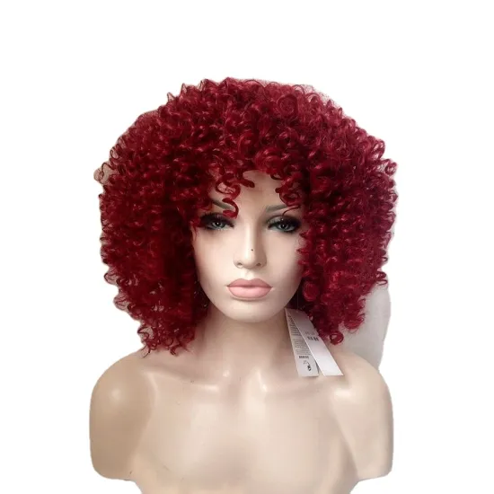 Wholesale Afro Kinky Curly Heat Resistant synthetic fiber with bangs synthetic hair wig  for black women
