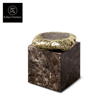 High End Unique Brown Marble Corner Table with Brass Decoration