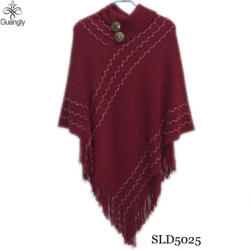 High Collar Wool Cloak, Lady Shawl Knit Poncho with Button
