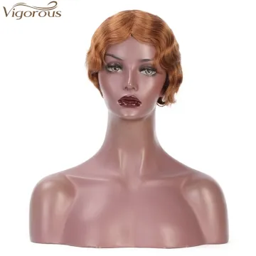 Vigorous Short Human Hair Finger Wave Wig Pixie Cut for African American Women Brazilian 100% Human Hair Light Auburn Color