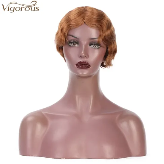 Vigorous Short Human Hair Finger Wave Wig Pixie Cut for African American Women Brazilian 100% Human Hair Light Auburn Color