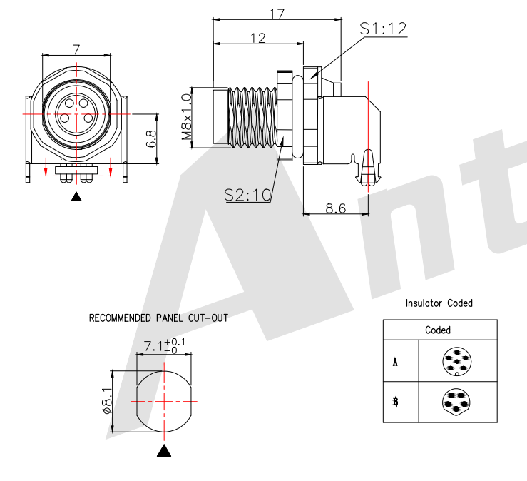 M802-XP-M-001 M8 3~8P Male Waterproof DIP 90°