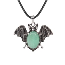 Green Aventurine 13X18mm Cabs Antique Silver Alloy Antique Silver Alloy Bat Pendant Necklace 45cm Black Cord