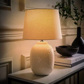 Geometric White Ceramic Lamp Linen Shade Modern