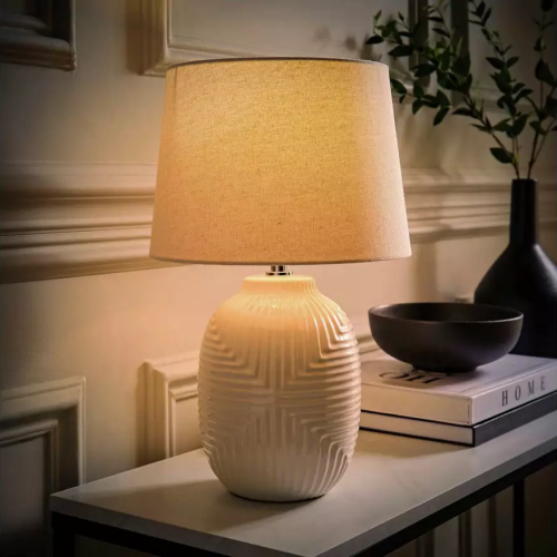 Geometric White Ceramic Lamp Linen Shade Modern