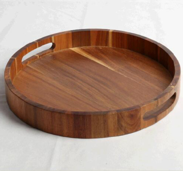 Round acacia wood serving tray with double handles