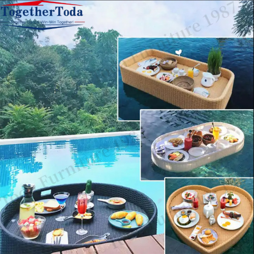 Hand woven cane floating tray for swimming pools