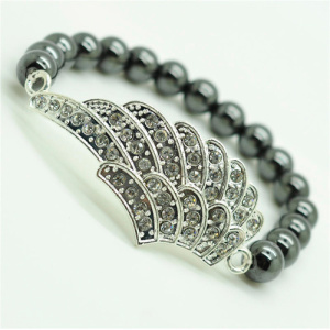 Pulsera Hematite 8MM Round Beads Stretch Gemstone con Diamante aleación grande wing Pieza