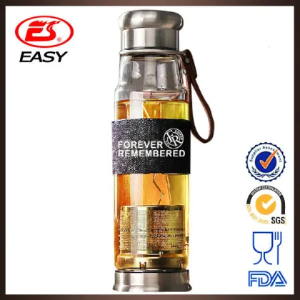 EG310 Transparent stainless steel lid glass double insulation tea bottle with sleeve