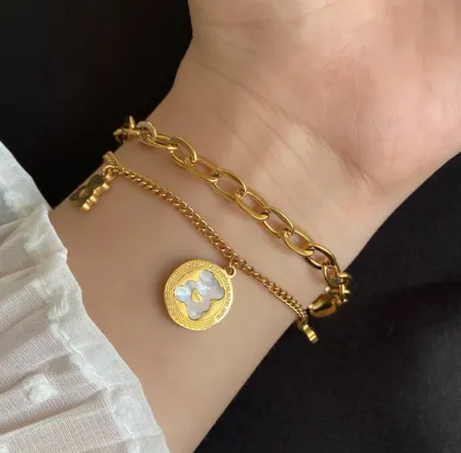 Double Pearl Butterfly Pendant Titanium Bracelet