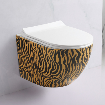 Zebra-Stripes Rimless Wall Hanging WC Bathroom Two Piece P Trap Wall Hung Toilet Bowl