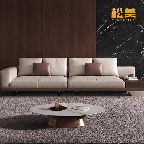 Современный кожаный диван в гостиной с приставным столиком