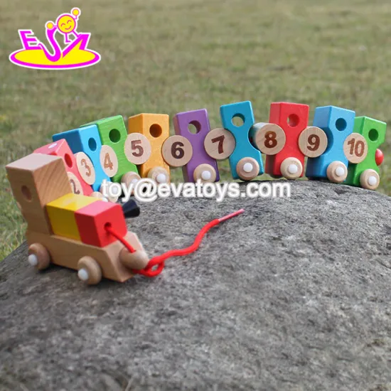new design educational number and blocks wooden pull toy car W05C079