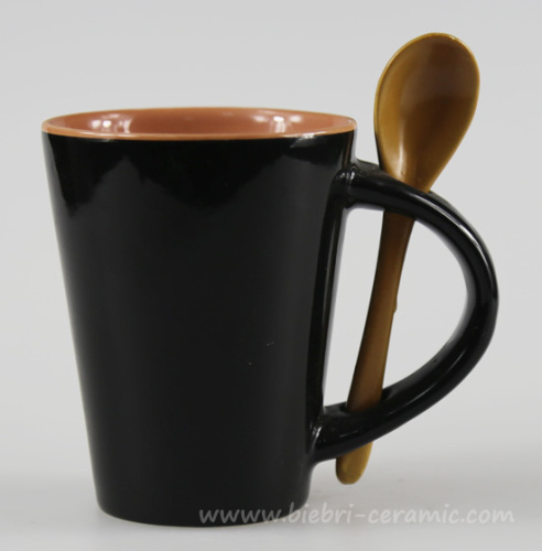 7.5oz Solid Color Glazed Logo Decal Printed Ceramic Coffee Mugs With Spoons Set