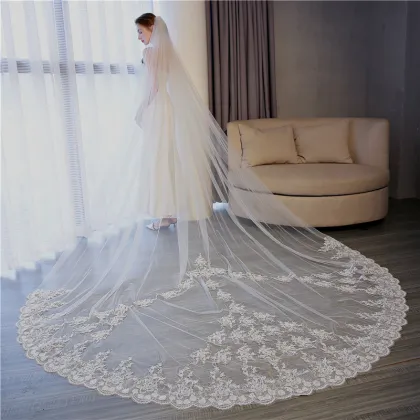 Wholesale Luxury White Wedding Veil - Two Layer Lace Cathedral Bridal Veil