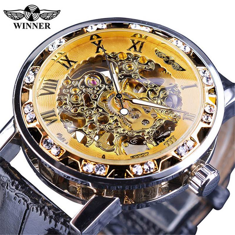 Classic Rhinestone Roman Analog Skeleton Mechanical Watch with Leather Band and