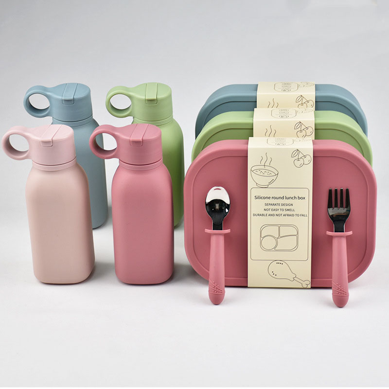 Set cutie de prânz din silicon cu tacâmuri pentru sticlă de apă