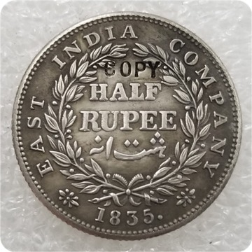 1835 India - British 1/2 Rupee - William IV Copy Coin