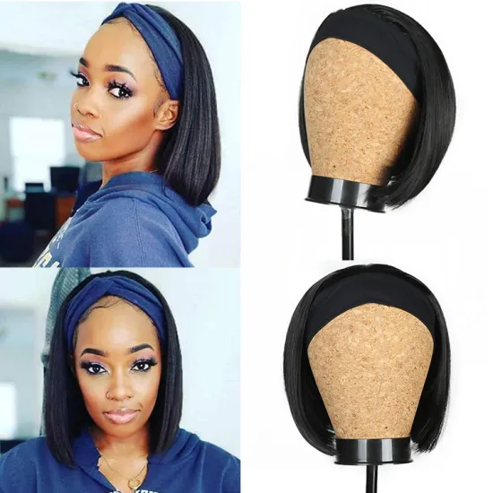 14 Inch Short Bob Straight Headband Wigs for Black Women Afro Straight Wig with Scarf Synthetic Cosplay Bob Straight Turban Wig
