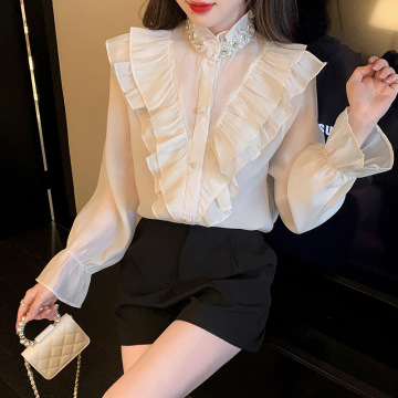 women's french beaded ruffled shirt