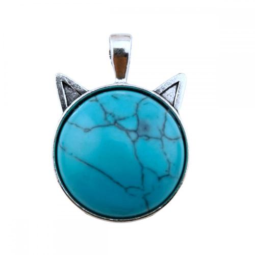 Gemstone Cat Round Stone Pendant Natural Stone Crystal Animal Cat Silver Plated Charm Pendant for DIY Jewelry Making New Arrival