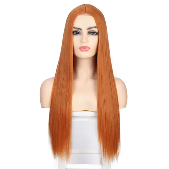 Wholesale Price Long Silky Straight Wave Middle Part Small Part Lace Pre Plucked Orange Cosplay Party Synthetic Hair Wigs