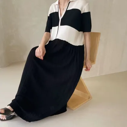 Plus Size Korean Style Lapel Collar Short Sleeve Midi Dress with Knitwear