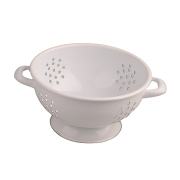 Western Style Metal White Leakage Fruit Basket Stainless Steel Rim Enamel Colander Kitchenware with Double Handle