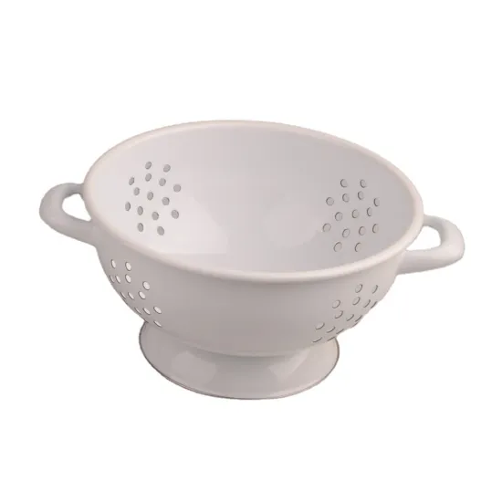 Western Style Metal White Leakage Fruit Basket Stainless Steel Rim Enamel Colander Kitchenware with Double Handle