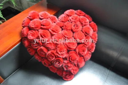YR092 Top Quality Rose Flower Real Rex Rabbit Fur Cushions/Wedding Figt/valentine's Gift Fur Pillow