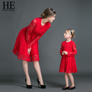 HE Hello Enjoy Mother Daughter Dresses Fall 2019 Family Matching Outfits Long sleeves Red Lace Dress Woman Clothes Look Girls