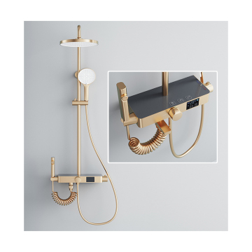 Exposed Wall Mounted 4 Function Bathroom Digital Thermostatic LED Brush Gold Shower Faucet Mixer Set