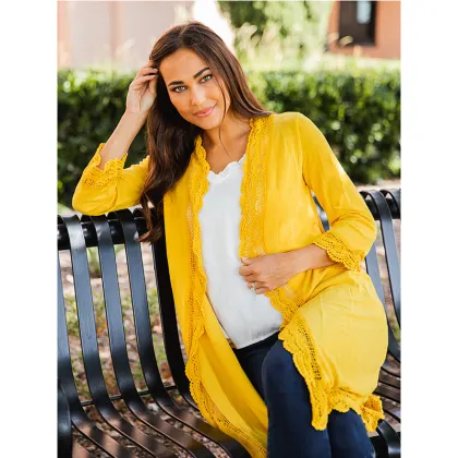 Women's 3/4 Sleeve Lace Trim Cardigan Coverup
