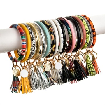 Wholesale Leopard Print PU Leather Bangle Bracelet with Tassel Keychain