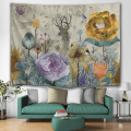 Flower Deer Tapestry Nature Watercolor Wall Hanging Yellow Tapestry for Livingroom Bedroom Home Dorm Decor