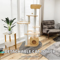 Multi-functional Pine Wood & Rattan Cat Scratching Board with Bed Durable Indoor Cat Furniture Easy Assembly