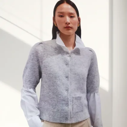 Short-Sleeved Light Grey Patchwork Knitted Cardigan