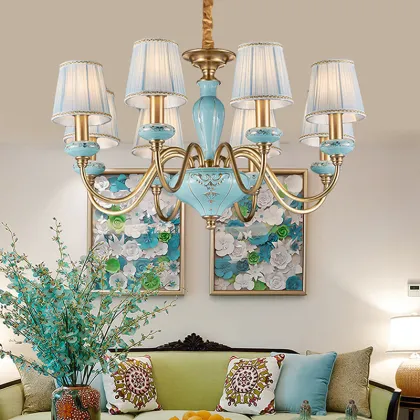 Ceramic French Chandelier with Fabric Shade Pendant Lights