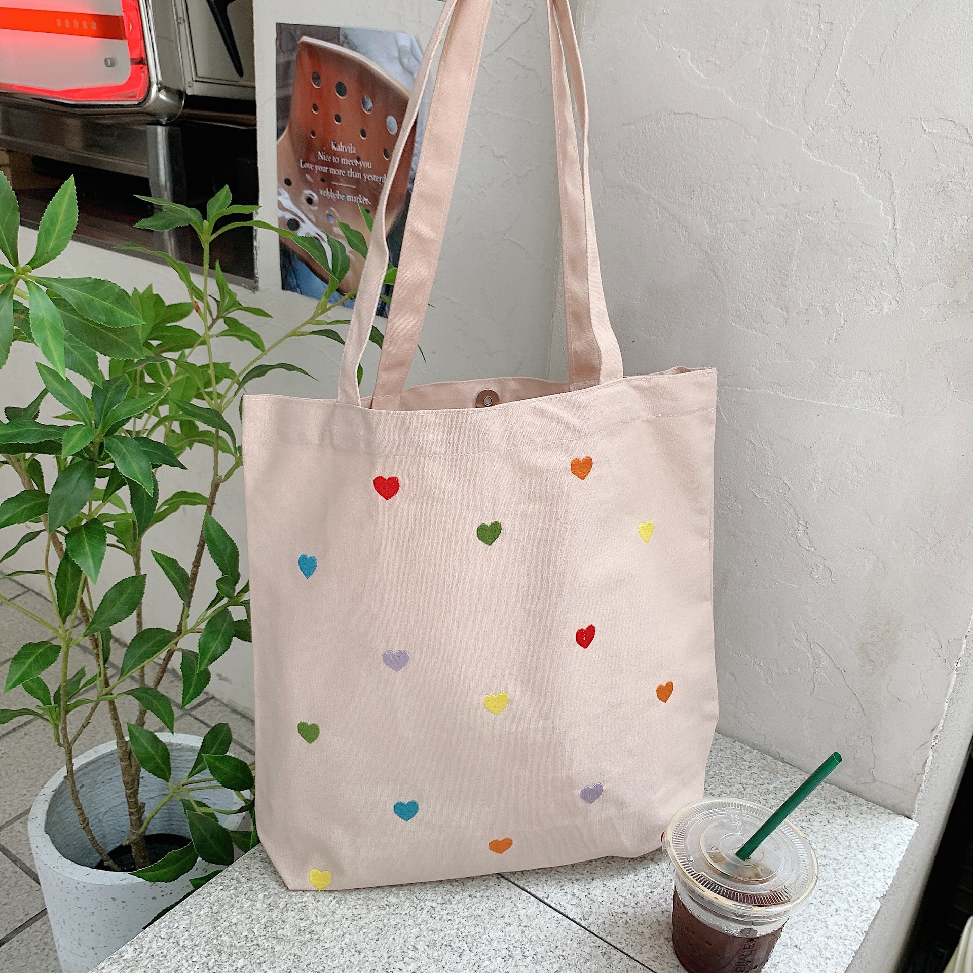 Lovely Cute Heart Embroidery Tote Canvas Bag