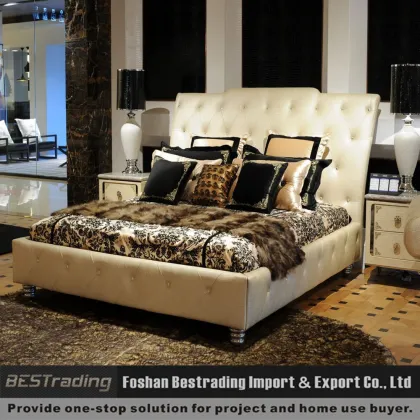 pearl white genuine leather double bed with crystal